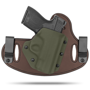 Double Clip holster can be worn inside the waistband (IWB) or outside the waistband (OWB) with a strong Kydex plastic shell and a comfy Amish made leather backer, from Hidden Hybrid Holsters.