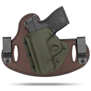 Double Clip holster can be worn inside the waistband (IWB) or outside the waistband (OWB) with a strong Kydex plastic shell and a comfy Amish made leather backer, from Hidden Hybrid Holsters.