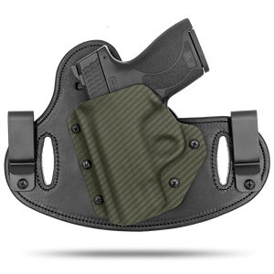 Double Clip holster can be worn inside the waistband (IWB) or outside the waistband (OWB) with a strong Kydex plastic shell and a comfy Amish made leather backer, from Hidden Hybrid Holsters.