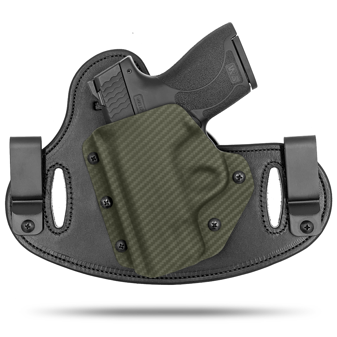 Double Clip holster can be worn inside the waistband (IWB) or outside the waistband (OWB) with a strong Kydex plastic shell and a comfy Amish made leather backer, from Hidden Hybrid Holsters.