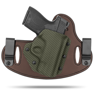 Double Clip holster can be worn inside the waistband (IWB) or outside the waistband (OWB) with a strong Kydex plastic shell and a comfy Amish made leather backer, from Hidden Hybrid Holsters.