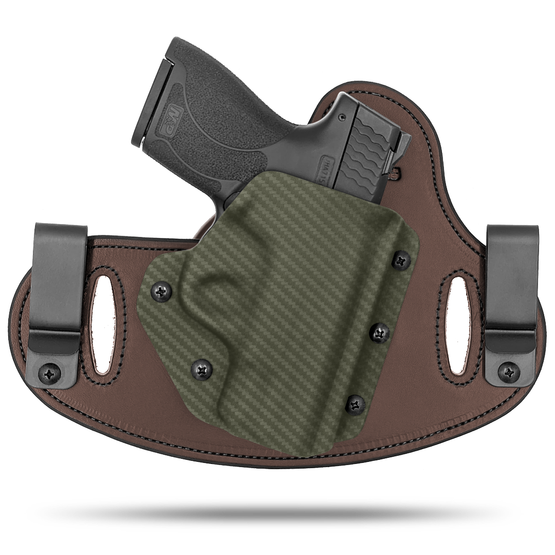 Double Clip holster can be worn inside the waistband (IWB) or outside the waistband (OWB) with a strong Kydex plastic shell and a comfy Amish made leather backer, from Hidden Hybrid Holsters.