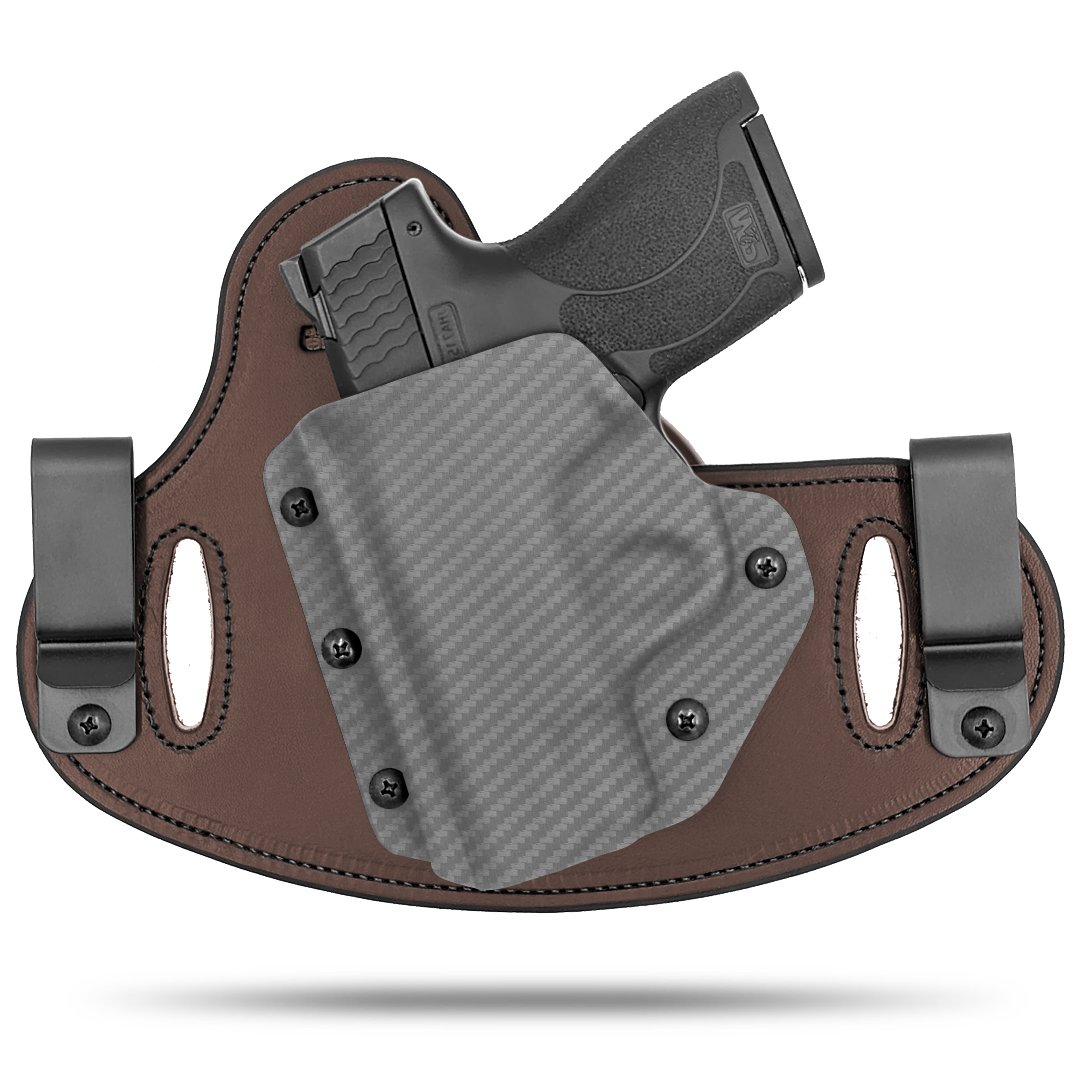 Double Clip holster can be worn inside the waistband (IWB) or outside the waistband (OWB) with a strong Kydex plastic shell and a comfy Amish made leather backer, from Hidden Hybrid Holsters.