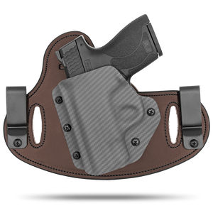 Double Clip holster can be worn inside the waistband (IWB) or outside the waistband (OWB) with a strong Kydex plastic shell and a comfy Amish made leather backer, from Hidden Hybrid Holsters.