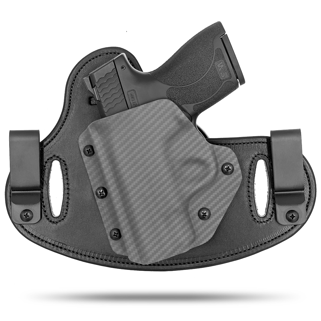 Double Clip holster can be worn inside the waistband (IWB) or outside the waistband (OWB) with a strong Kydex plastic shell and a comfy Amish made leather backer, from Hidden Hybrid Holsters.