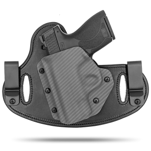 Double Clip holster can be worn inside the waistband (IWB) or outside the waistband (OWB) with a strong Kydex plastic shell and a comfy Amish made leather backer, from Hidden Hybrid Holsters.