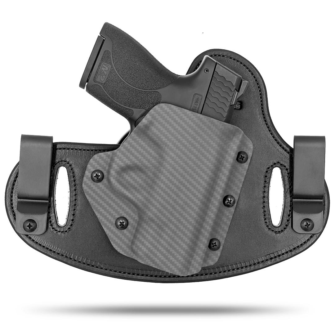 Double Clip holster can be worn inside the waistband (IWB) or outside the waistband (OWB) with a strong Kydex plastic shell and a comfy Amish made leather backer, from Hidden Hybrid Holsters.