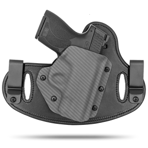 Double Clip holster can be worn inside the waistband (IWB) or outside the waistband (OWB) with a strong Kydex plastic shell and a comfy Amish made leather backer, from Hidden Hybrid Holsters.