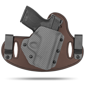 Double Clip holster can be worn inside the waistband (IWB) or outside the waistband (OWB) with a strong Kydex plastic shell and a comfy Amish made leather backer, from Hidden Hybrid Holsters.