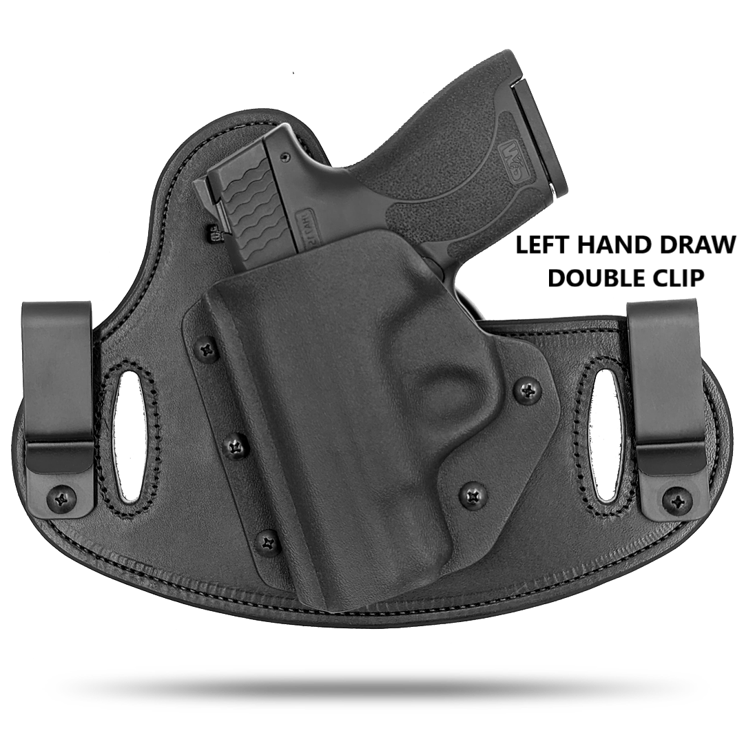 Double Clip holster can be worn inside the waistband (IWB) or outside the waistband (OWB) with a strong Kydex plastic shell and a comfy Amish made leather backer, from Hidden Hybrid Holsters. Left hand draw.