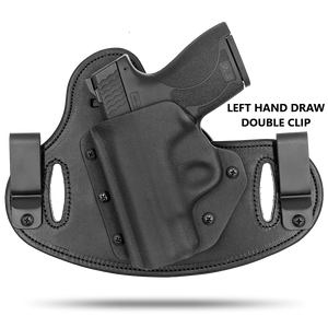 Double Clip holster can be worn inside the waistband (IWB) or outside the waistband (OWB) with a strong Kydex plastic shell and a comfy Amish made leather backer, from Hidden Hybrid Holsters. Left hand draw.