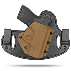 Double Clip holster can be worn inside the waistband (IWB) or outside the waistband (OWB) with a strong Kydex plastic shell and a comfy Amish made leather backer, from Hidden Hybrid Holsters.