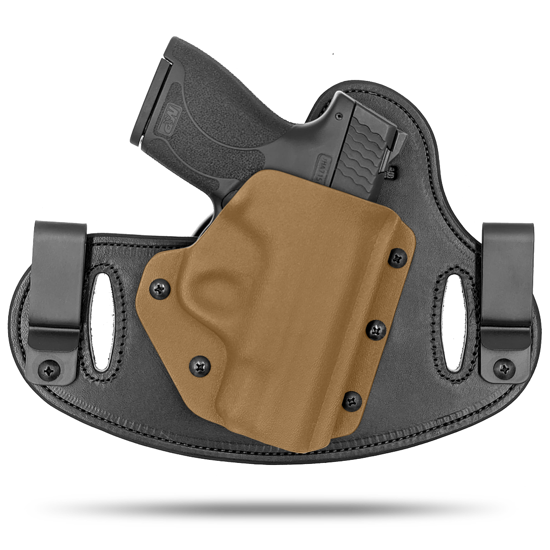 Double Clip holster can be worn inside the waistband (IWB) or outside the waistband (OWB) with a strong Kydex plastic shell and a comfy Amish made leather backer, from Hidden Hybrid Holsters.