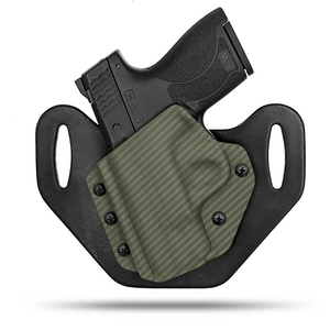 HIdden Hybrid Holsters, OWB, Outside the Waistband Holster made from quality leather and Kydex to provide comfort and retention. Left Hand Draw