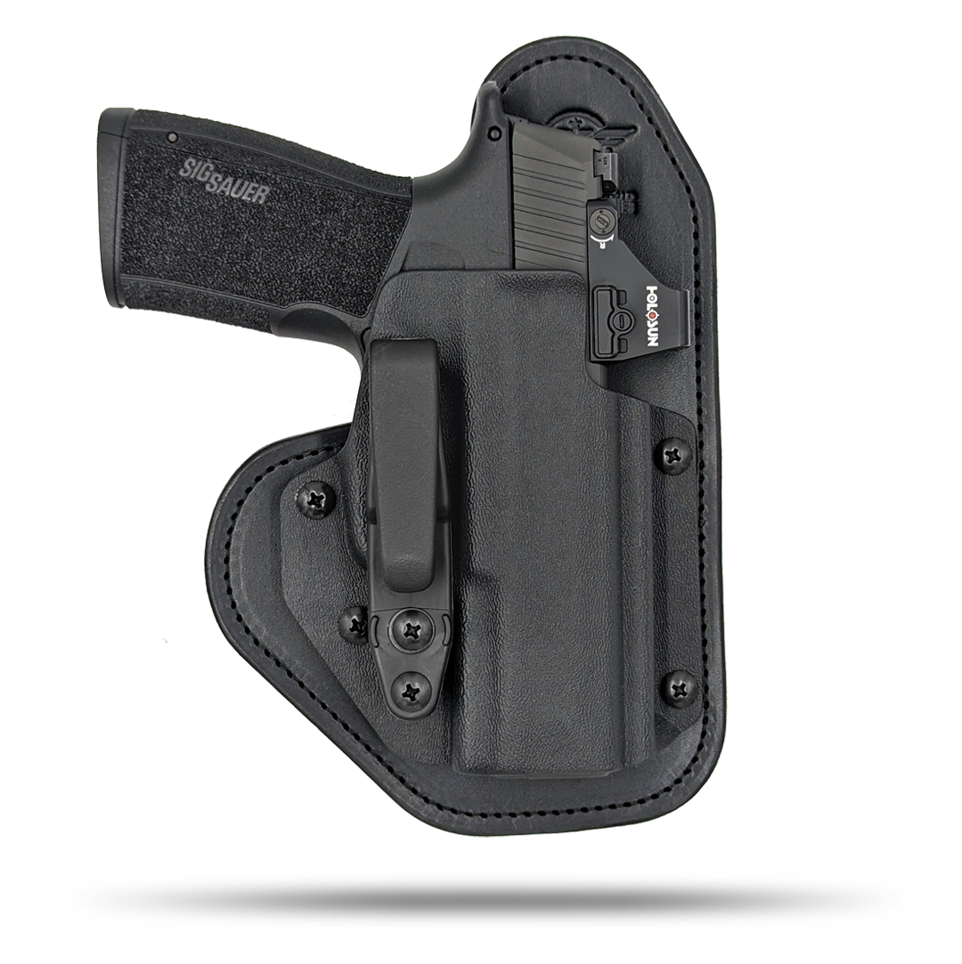 Ultra Comfortable, red dot optic cut, Leather and Kydex Holster by Hidden Hybrid Holsters.