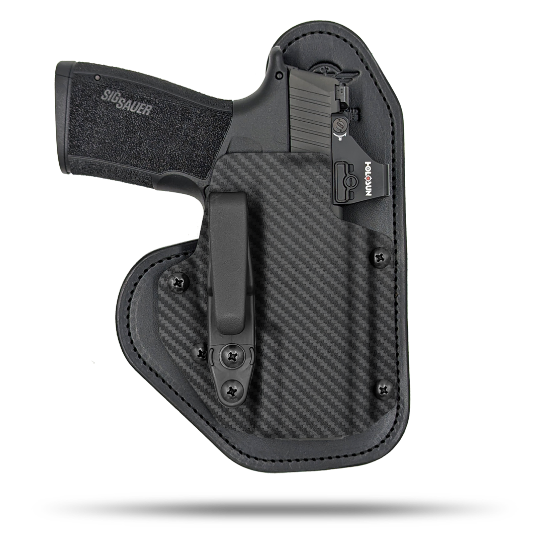 Ultra Comfortable, red dot optic cut, Leather and Kydex Holster by Hidden Hybrid Holsters.