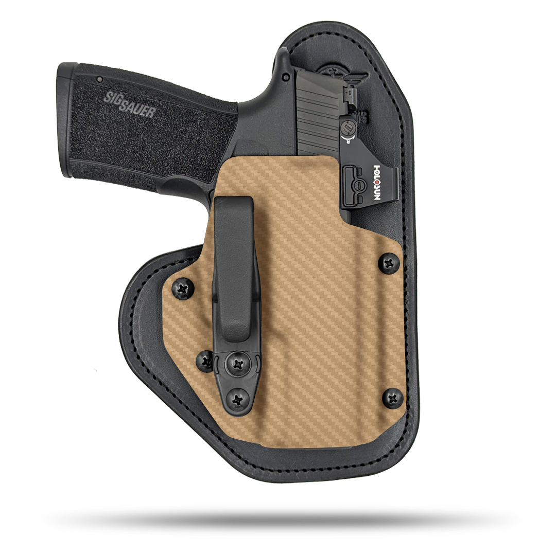 Ultra Comfortable, red dot optic cut, Leather and Kydex Holster by Hidden Hybrid Holsters.