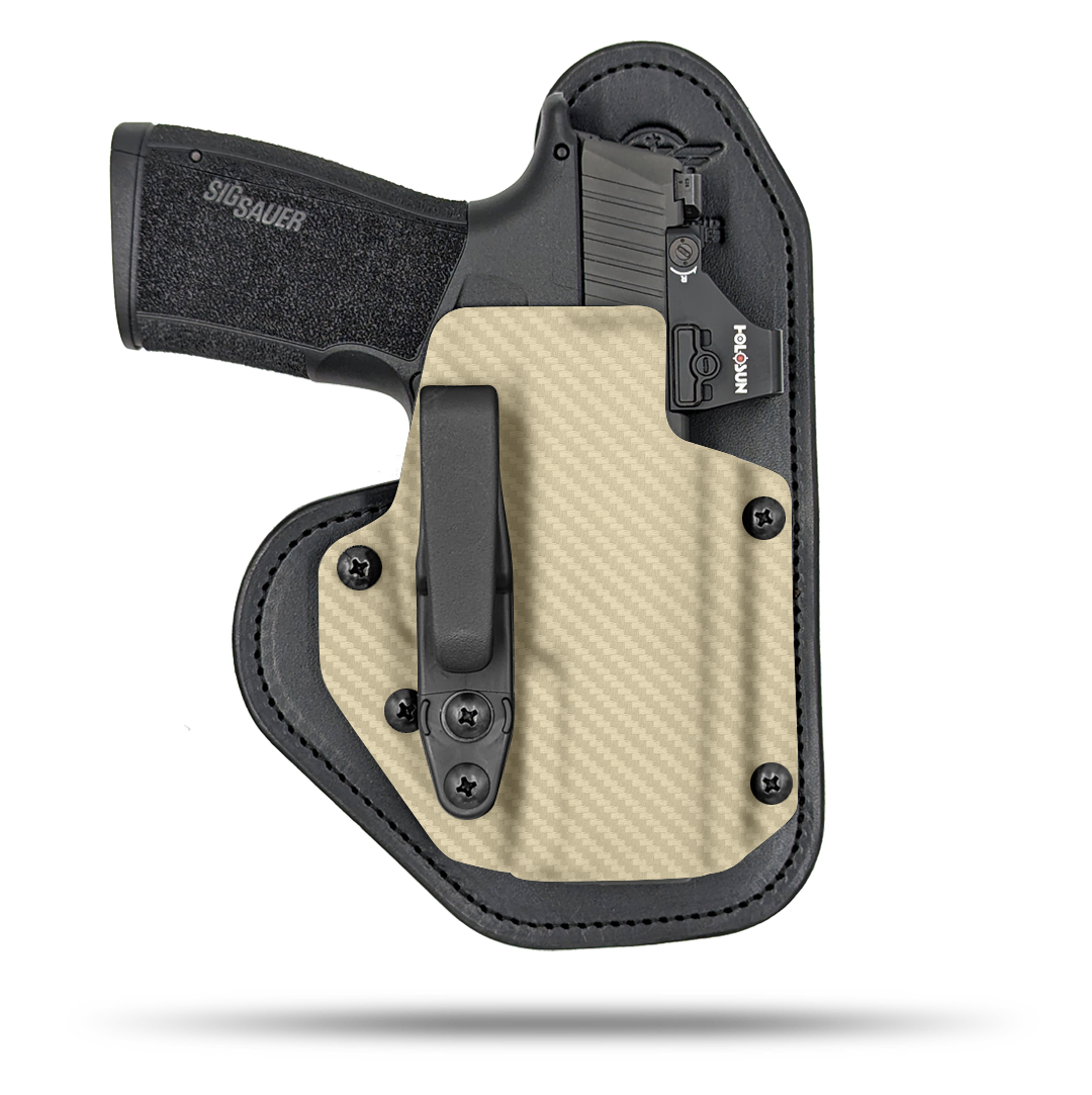 Ultra Comfortable, red dot optic cut, Leather and Kydex Holster by Hidden Hybrid Holsters.