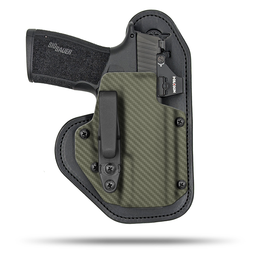 Ultra Comfortable, red dot optic cut, Leather and Kydex Holster by Hidden Hybrid Holsters.