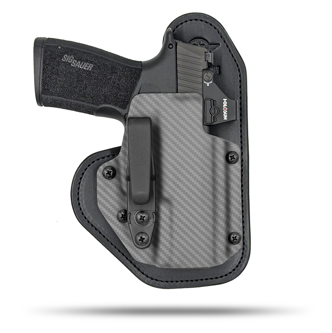 Ultra Comfortable, red dot optic cut, Leather and Kydex Holster by Hidden Hybrid Holsters.