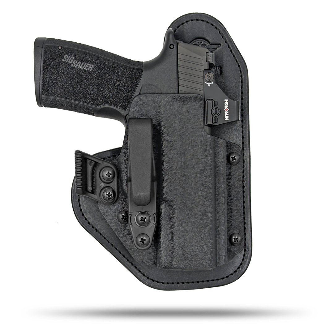 Ultra Comfortable, red dot optic cut, Leather and Kydex Holster by Hidden Hybrid Holsters.