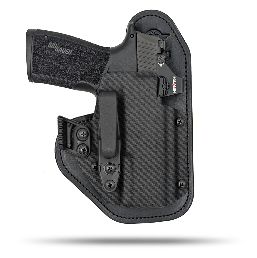 Ultra Comfortable, red dot optic cut, Leather and Kydex Holster by Hidden Hybrid Holsters.