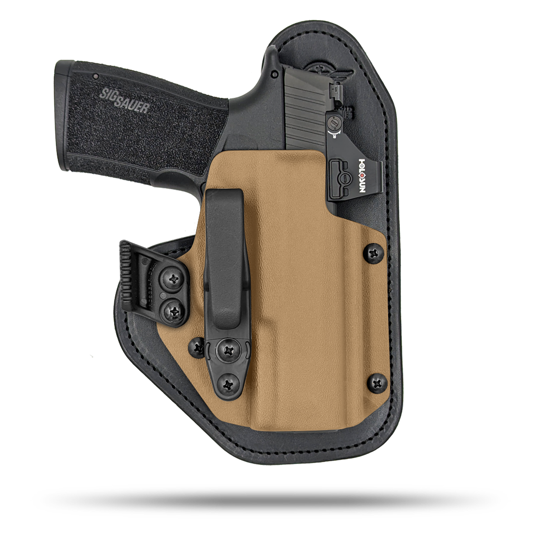 Ultra Comfortable, red dot optic cut, Leather and Kydex Holster by Hidden Hybrid Holsters.