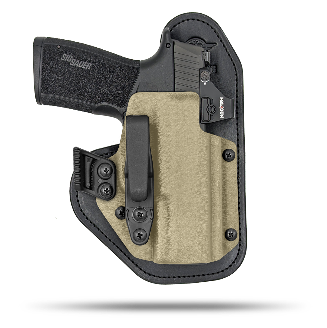 Ultra Comfortable, red dot optic cut, Leather and Kydex Holster by Hidden Hybrid Holsters.