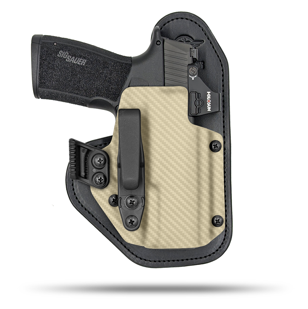 Ultra Comfortable, red dot optic cut, Leather and Kydex Holster by Hidden Hybrid Holsters.