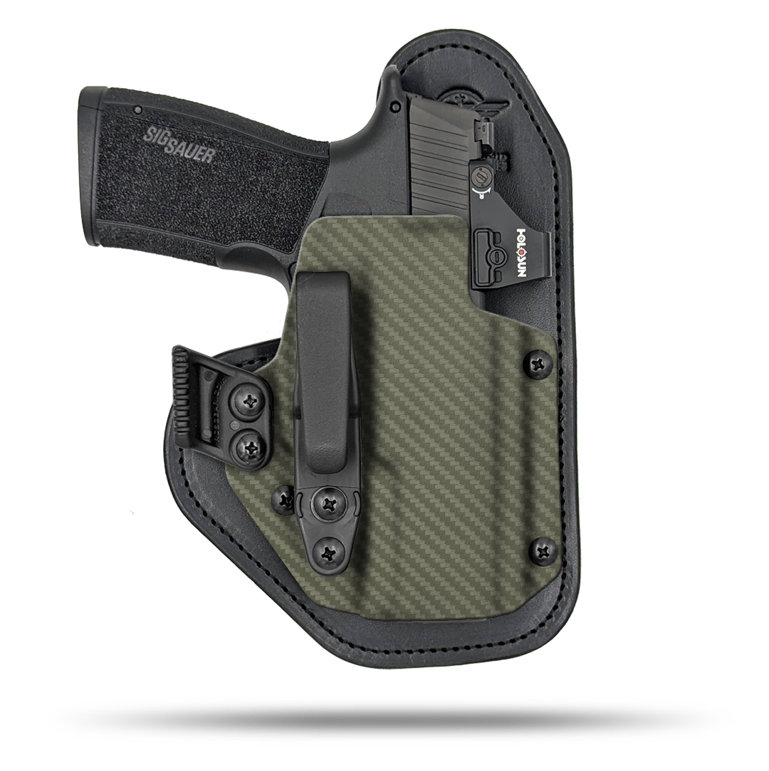 Ultra Comfortable, red dot optic cut, Leather and Kydex Holster by Hidden Hybrid Holsters.