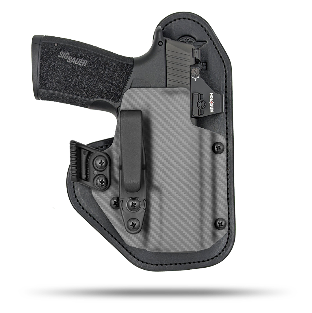 Ultra Comfortable, red dot optic cut, Leather and Kydex Holster by Hidden Hybrid Holsters.